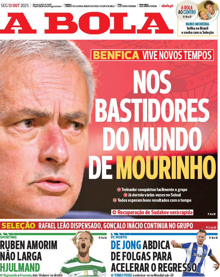 A Bola: Capa da Edi&ccedil;&atilde;o de segunda-feira, 13 de outubro 2025