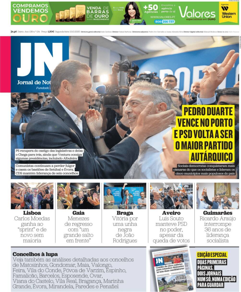 Jornal de Not&iacute;cias: Capa da Edi&ccedil;&atilde;o de segunda-feira, 13 de outubro 2025