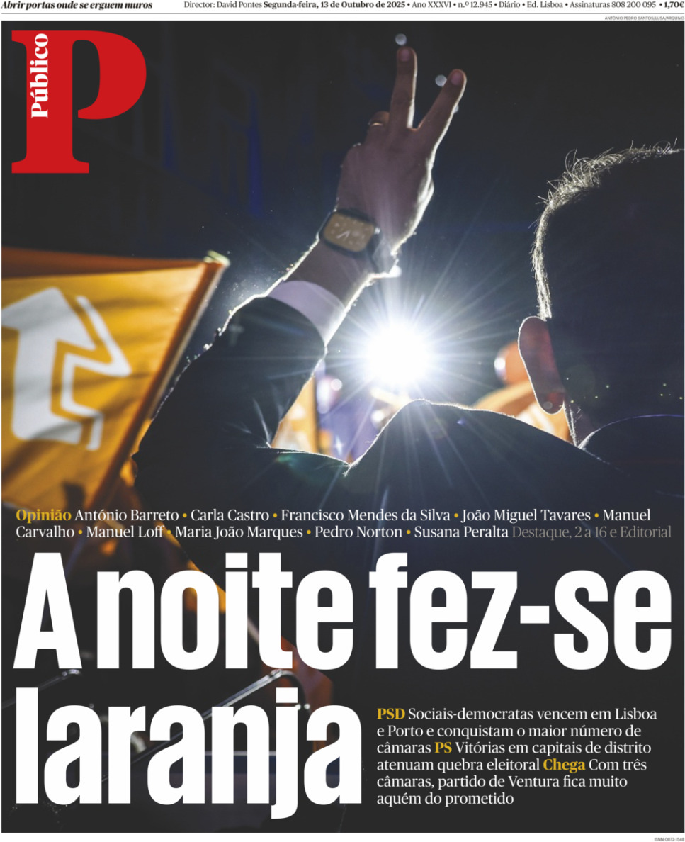 P&uacute;blico: Capa da Edi&ccedil;&atilde;o de segunda-feira, 13 de outubro 2025