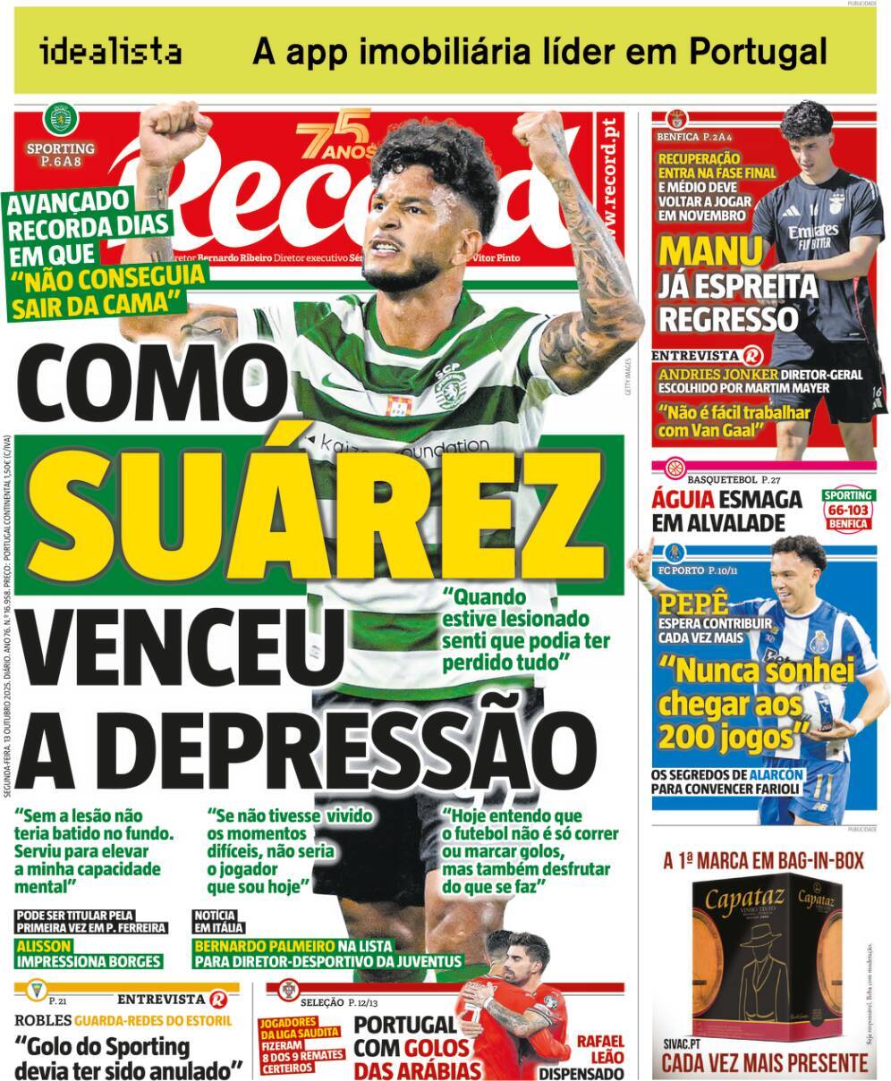 Record: Capa da Edi&ccedil;&atilde;o de segunda-feira, 13 de outubro 2025