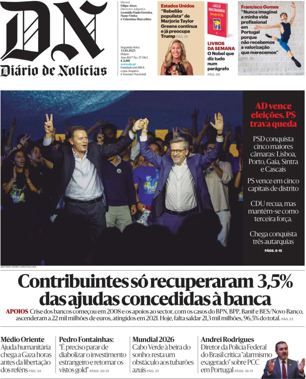 Di&aacute;rio de Not&iacute;cias: Capa da Edi&ccedil;&atilde;o de segunda-feira, 13 de outubro 2025