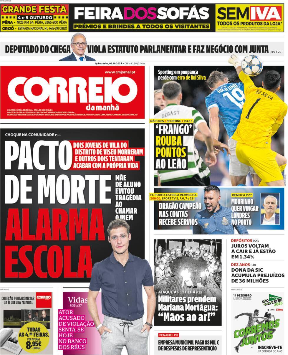 Correio da Manh&atilde;: Capa da Edi&ccedil;&atilde;o de quinta-feira, 02 de outubro 2025