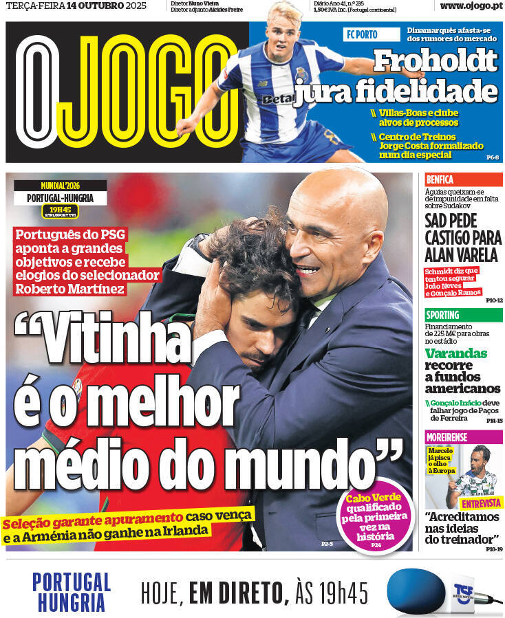 O Jogo: Capa da Edi&ccedil;&atilde;o de ter&ccedil;a-feira, 14 de outubro 2025