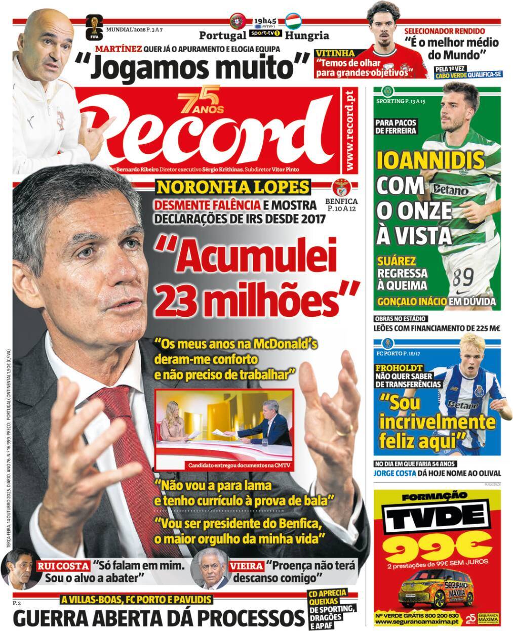 Record: Capa da Edi&ccedil;&atilde;o de ter&ccedil;a-feira, 14 de outubro 2025