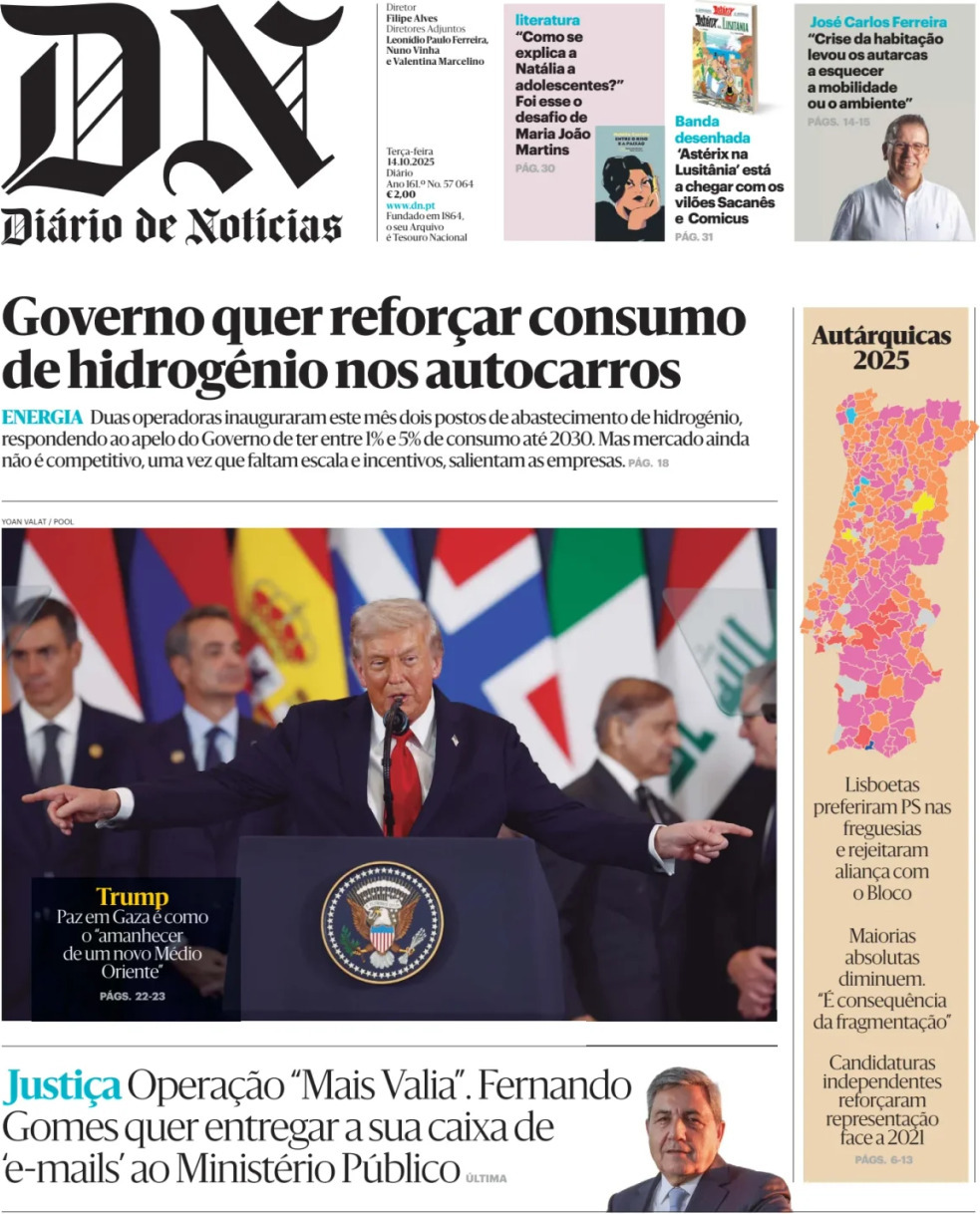Di&aacute;rio de Not&iacute;cias: Capa da Edi&ccedil;&atilde;o de ter&ccedil;a-feira, 14 de outubro 2025