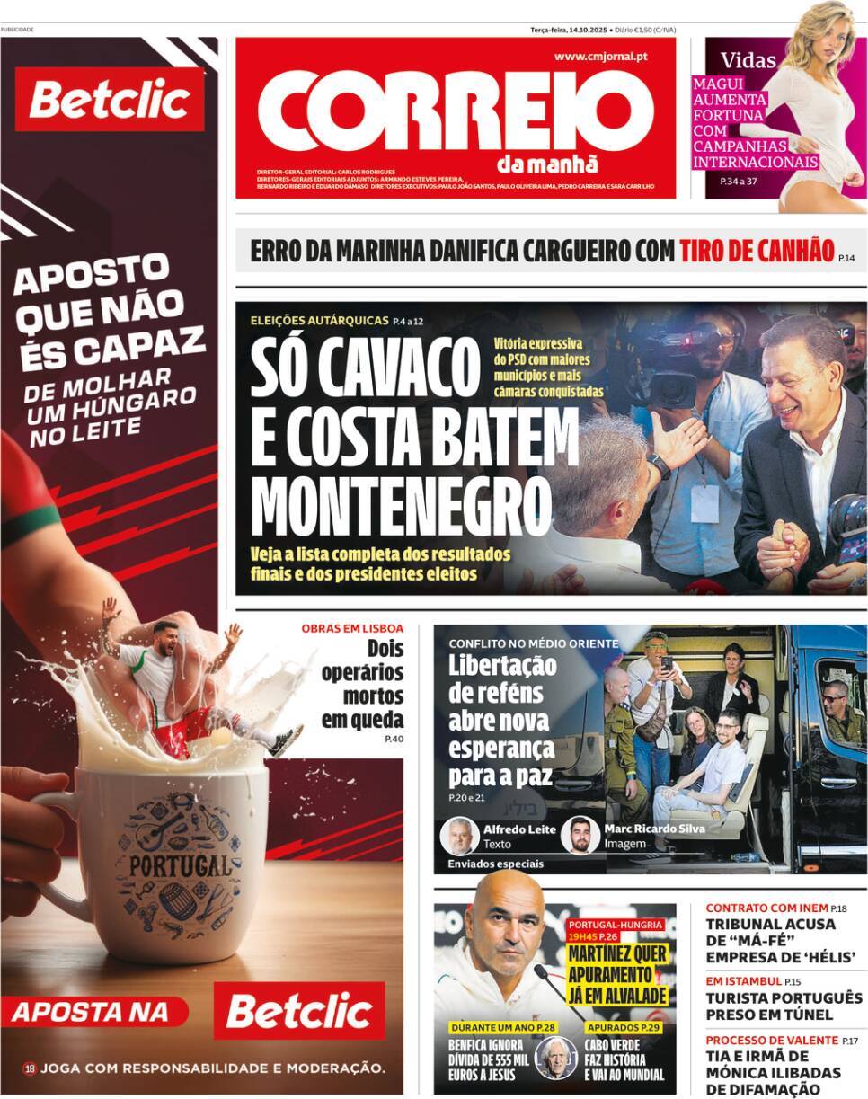 Correio da Manh&atilde;: Capa da Edi&ccedil;&atilde;o de ter&ccedil;a-feira, 14 de outubro 2025