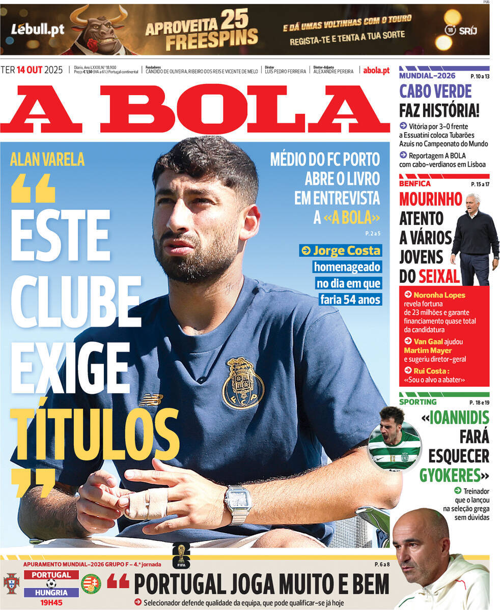 A Bola: Capa da Edi&ccedil;&atilde;o de ter&ccedil;a-feira, 14 de outubro 2025