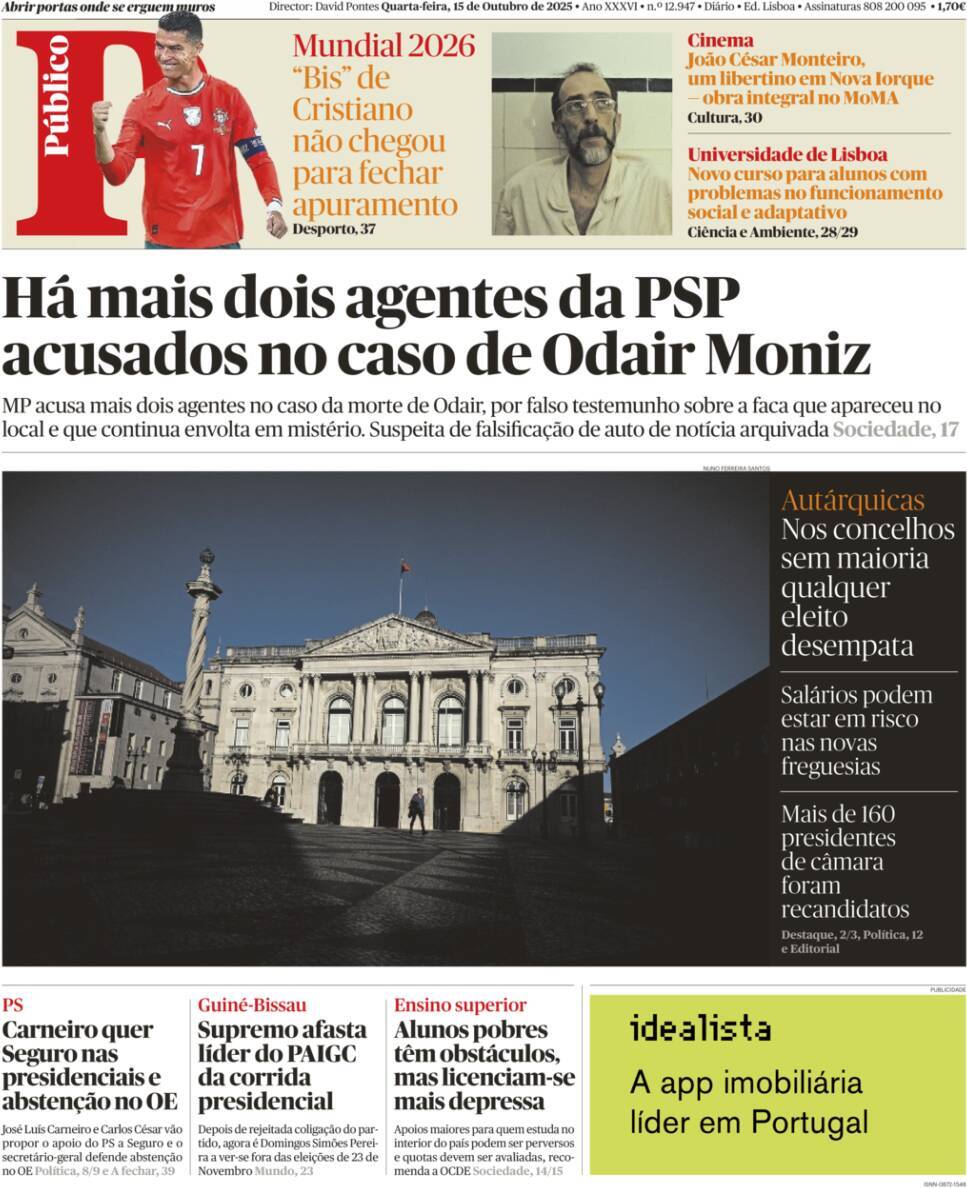P&uacute;blico: Capa da Edi&ccedil;&atilde;o de quarta-feira, 15 de outubro 2025