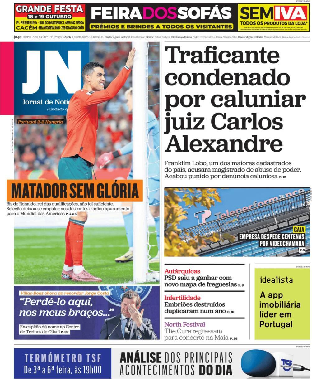 Jornal de Not&iacute;cias: Capa da Edi&ccedil;&atilde;o de quarta-feira, 15 de outubro 2025