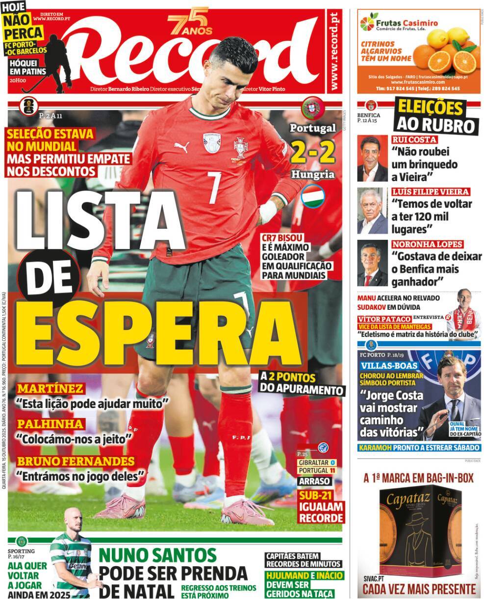 Record: Capa da Edi&ccedil;&atilde;o de quarta-feira, 15 de outubro 2025