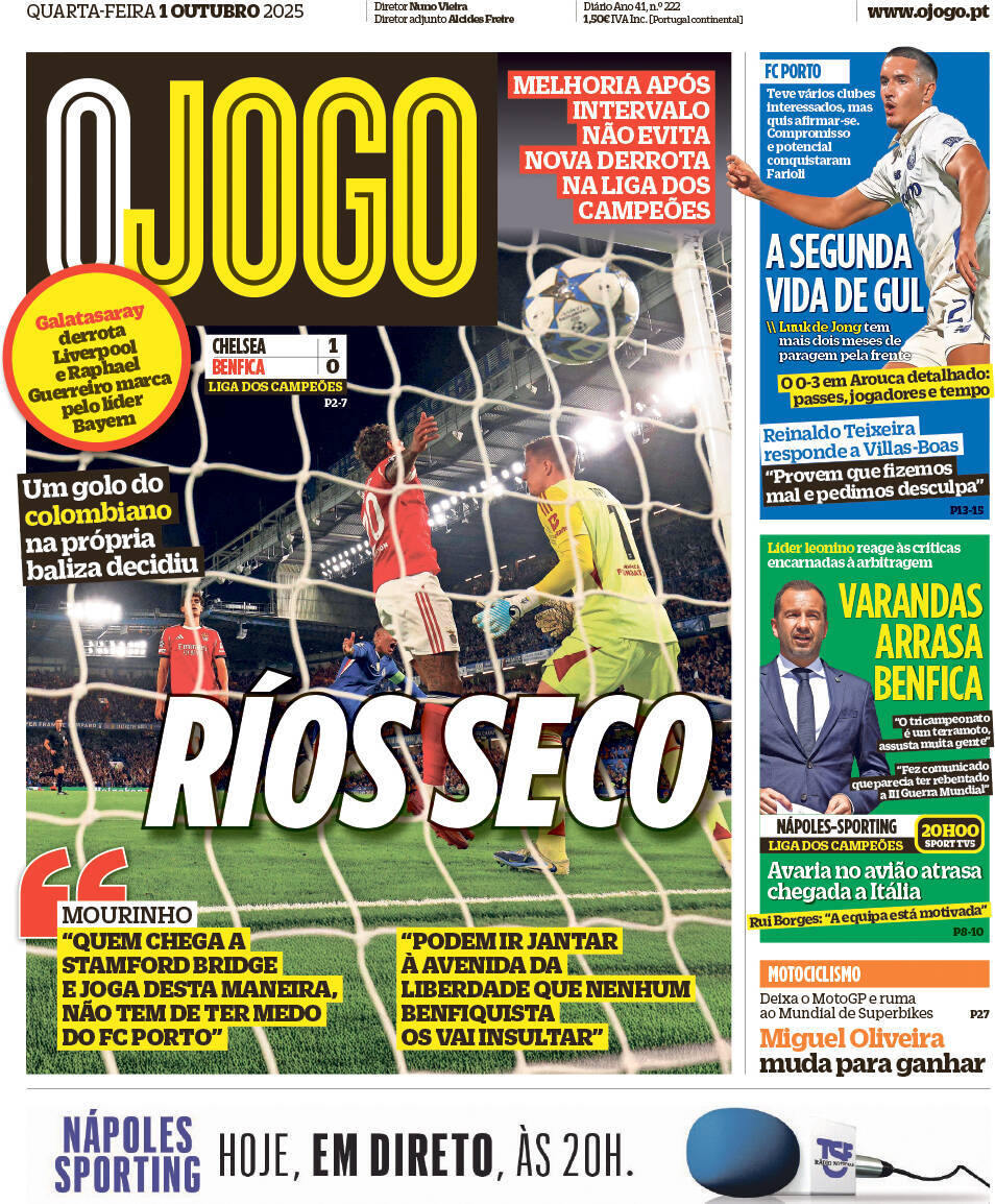 O Jogo: Capa da Edi&ccedil;&atilde;o de quarta-feira, 01 de outubro 2025