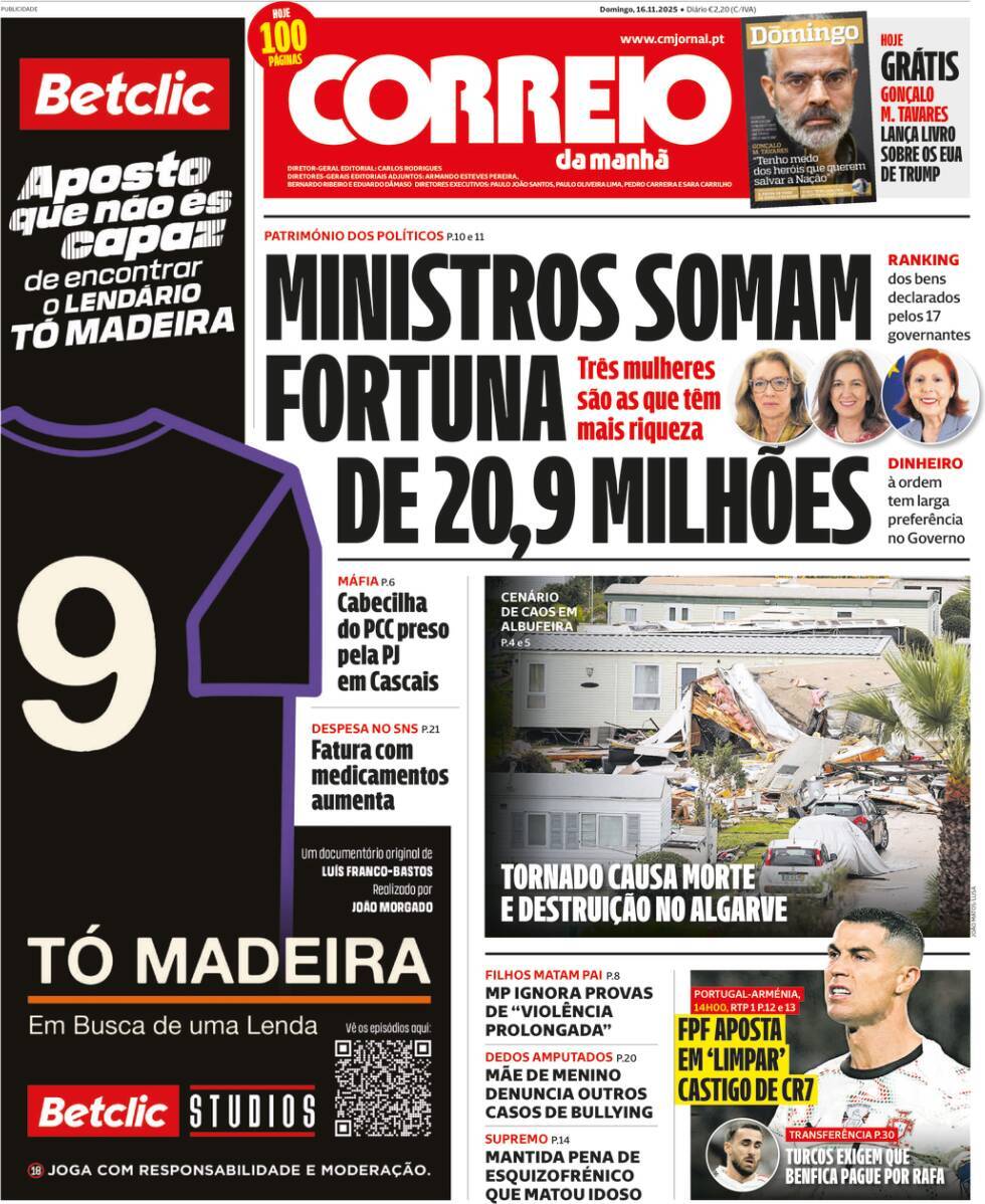 Correio da Manh&atilde;: Capa da Edi&ccedil;&atilde;o de domingo, 16 de novembro 2025