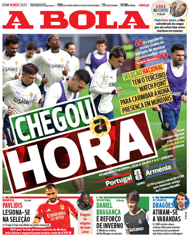 A Bola: Capa da Edi&ccedil;&atilde;o de domingo, 16 de novembro 2025