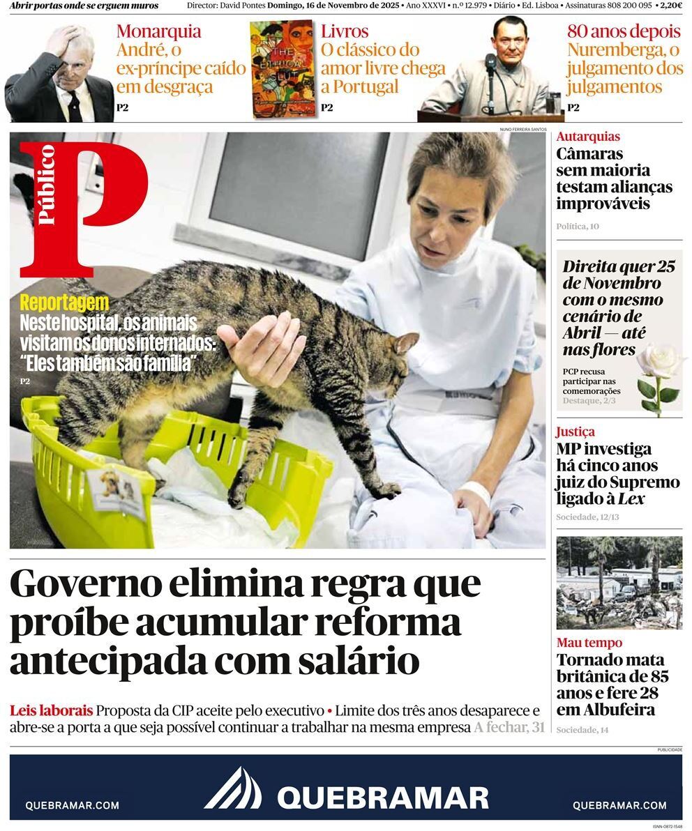 P&uacute;blico: Capa da Edi&ccedil;&atilde;o de domingo, 16 de novembro 2025