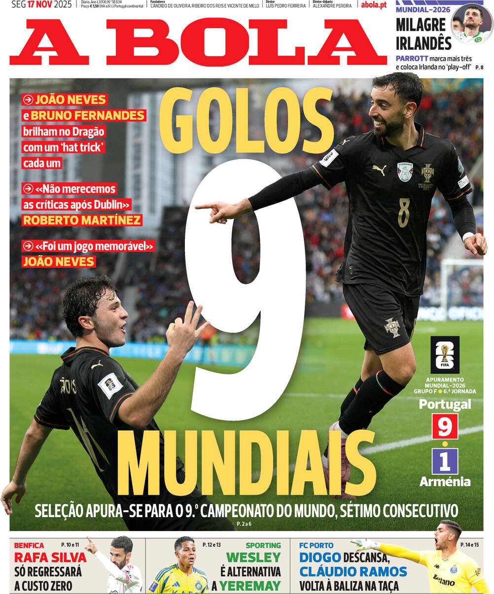 A Bola: Capa da Edi&ccedil;&atilde;o de segunda-feira, 17 de novembro 2025