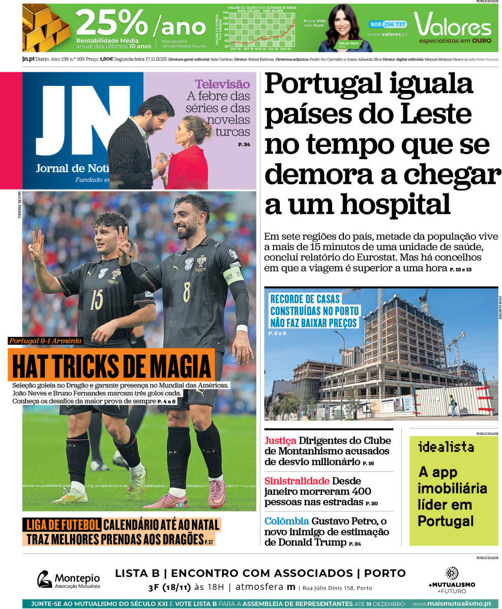 Jornal de Not&iacute;cias: Capa da Edi&ccedil;&atilde;o de segunda-feira, 17 de novembro 2025