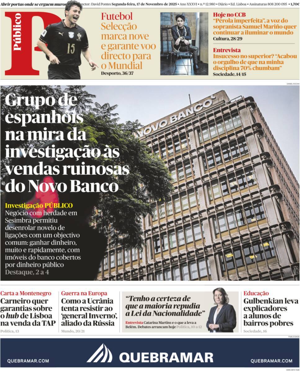 P&uacute;blico: Capa da Edi&ccedil;&atilde;o de segunda-feira, 17 de novembro 2025