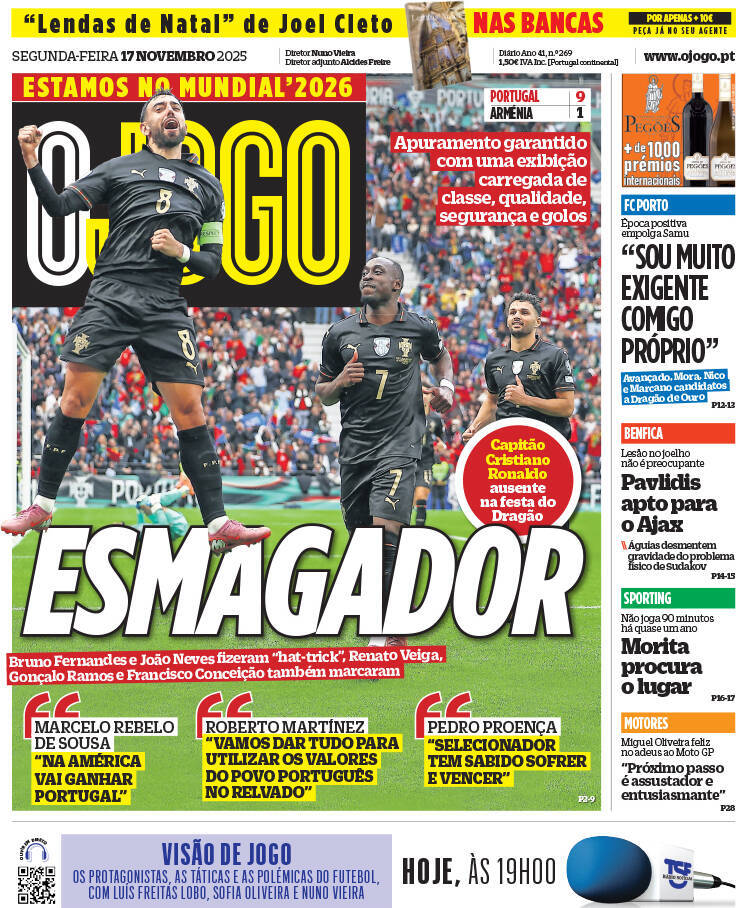 O Jogo: Capa da Edi&ccedil;&atilde;o de segunda-feira, 17 de novembro 2025