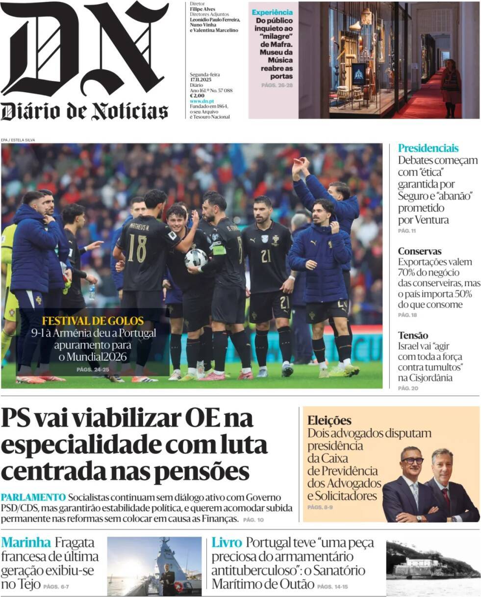 Di&aacute;rio de Not&iacute;cias: Capa da Edi&ccedil;&atilde;o de segunda-feira, 17 de novembro 2025