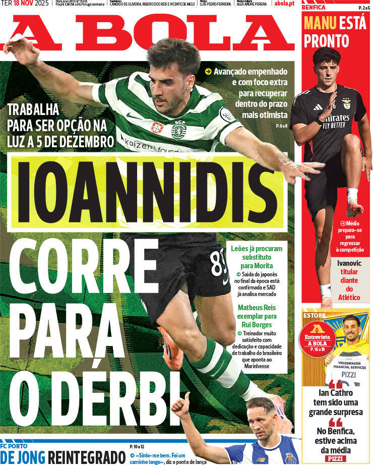 A Bola: Capa da Edi&ccedil;&atilde;o de ter&ccedil;a-feira, 18 de novembro 2025