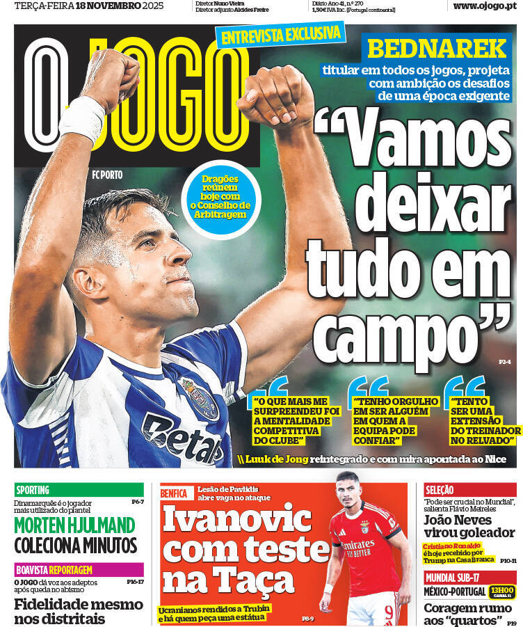 O Jogo: Capa da Edi&ccedil;&atilde;o de ter&ccedil;a-feira, 18 de novembro 2025