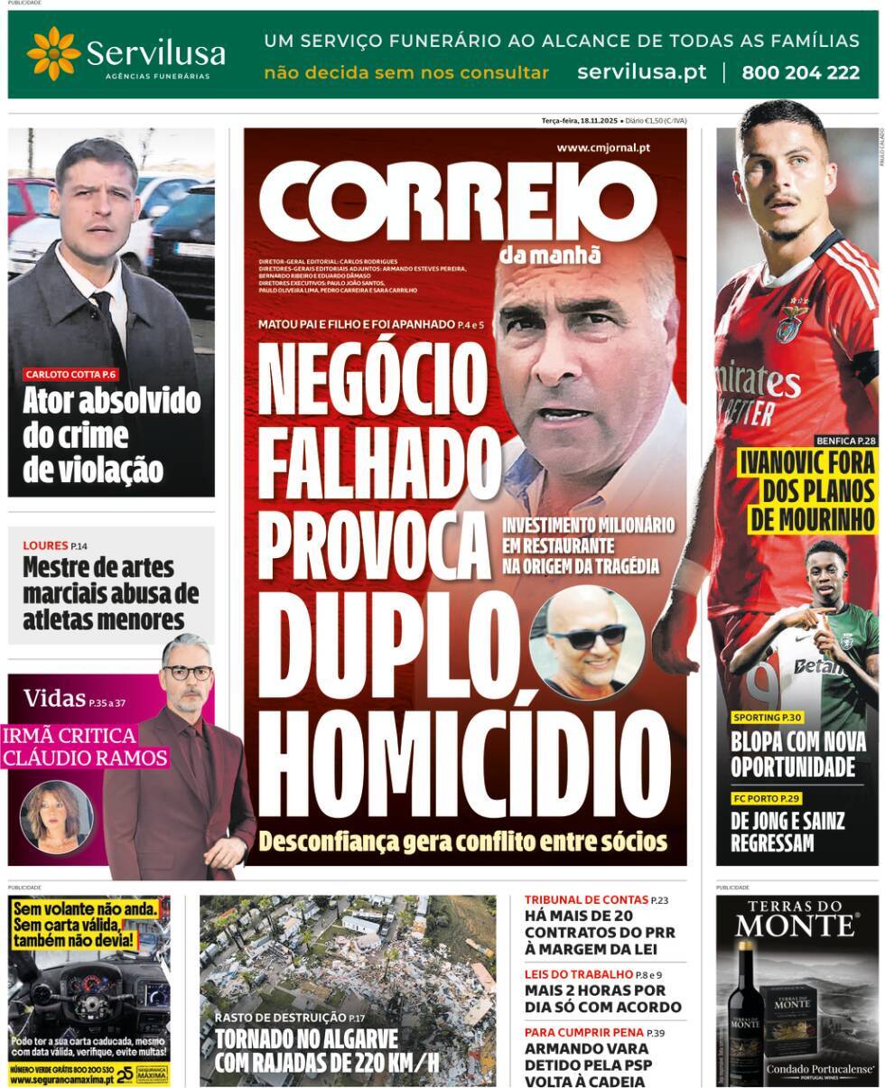 Correio da Manh&atilde;: Capa da Edi&ccedil;&atilde;o de ter&ccedil;a-feira, 18 de novembro 2025