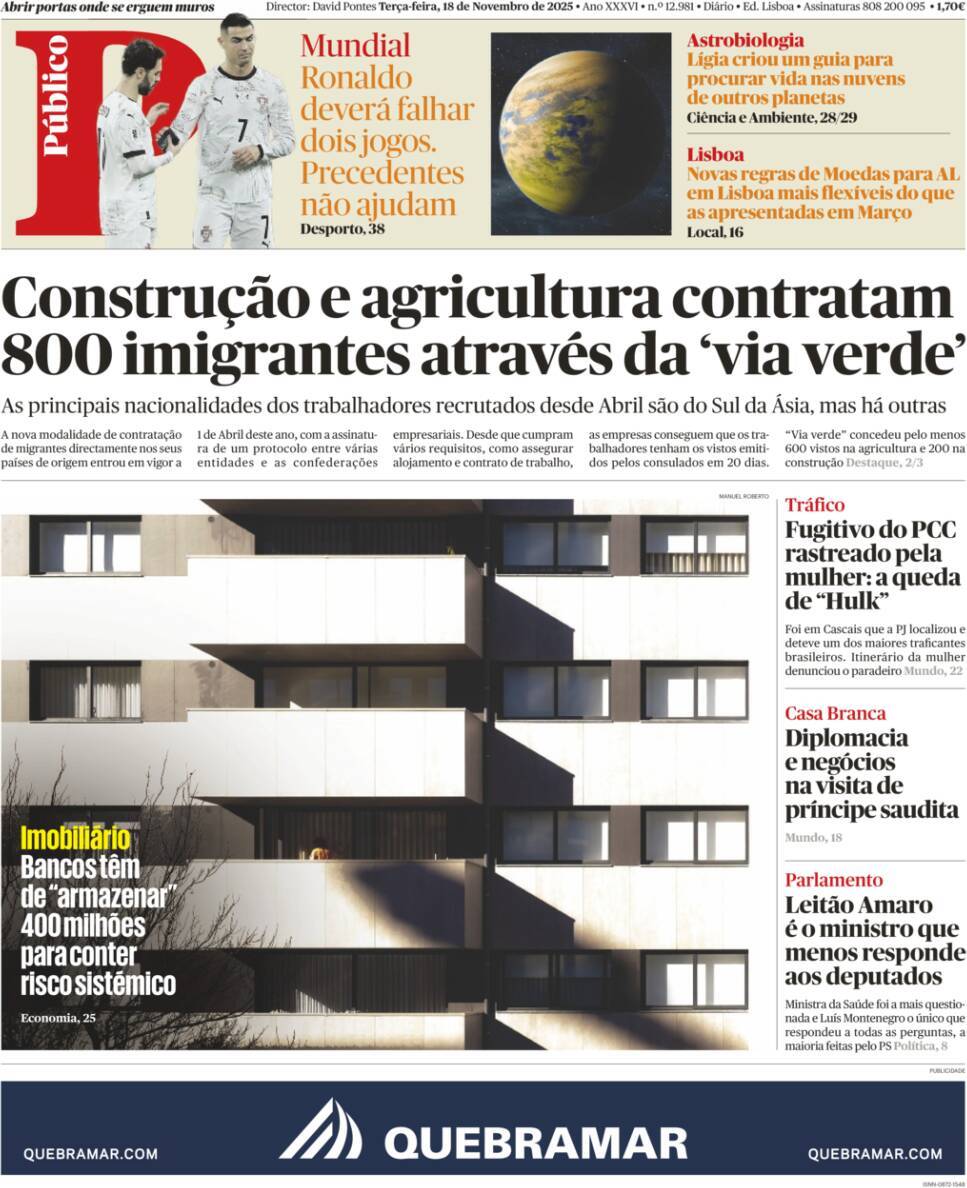 P&uacute;blico: Capa da Edi&ccedil;&atilde;o de ter&ccedil;a-feira, 18 de novembro 2025