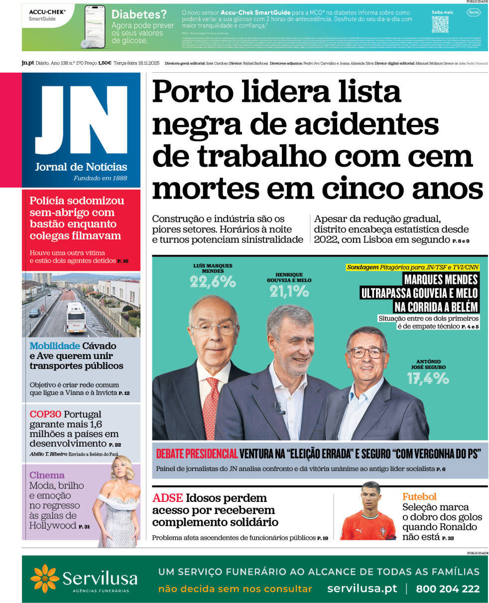Jornal de Not&iacute;cias: Capa da Edi&ccedil;&atilde;o de ter&ccedil;a-feira, 18 de novembro 2025
