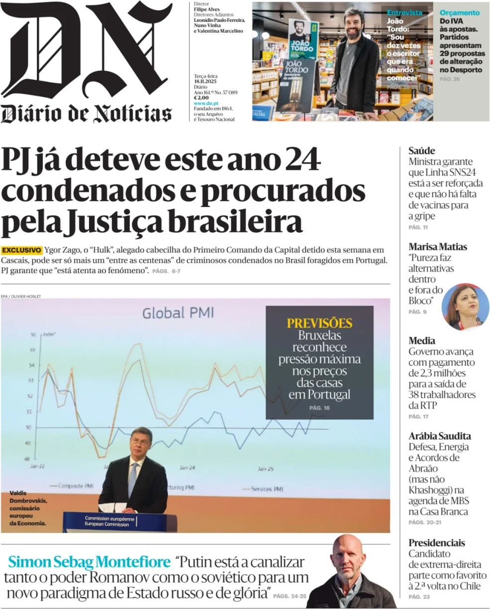Di&aacute;rio de Not&iacute;cias: Capa da Edi&ccedil;&atilde;o de ter&ccedil;a-feira, 18 de novembro 2025
