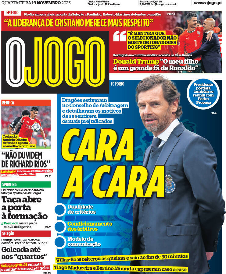 O Jogo: Capa da Edi&ccedil;&atilde;o de quarta-feira, 19 de novembro 2025