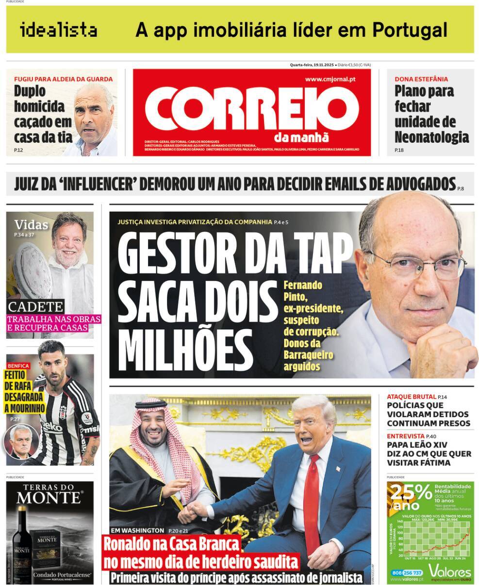 Correio da Manh&atilde;: Capa da Edi&ccedil;&atilde;o de quarta-feira, 19 de novembro 2025