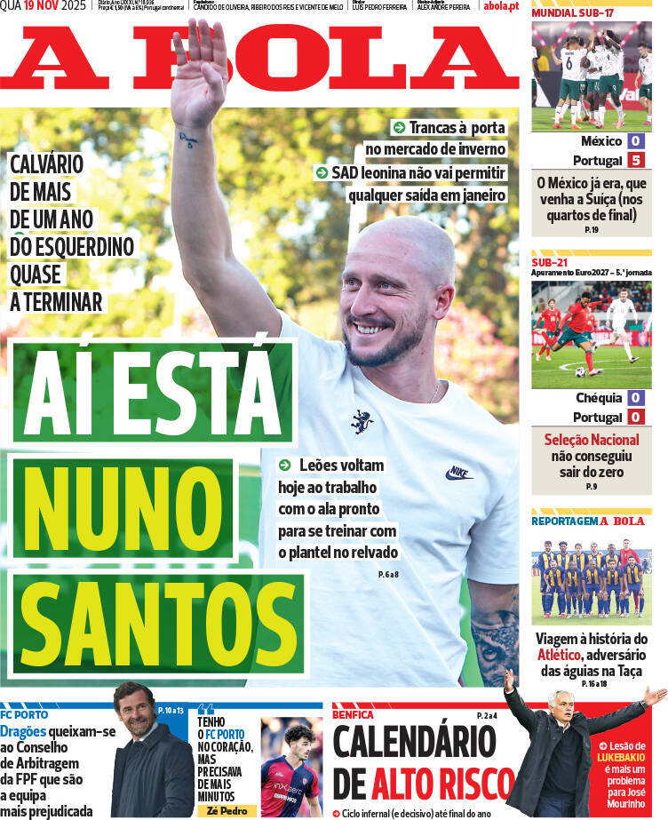 A Bola: Capa da Edi&ccedil;&atilde;o de quarta-feira, 19 de novembro 2025