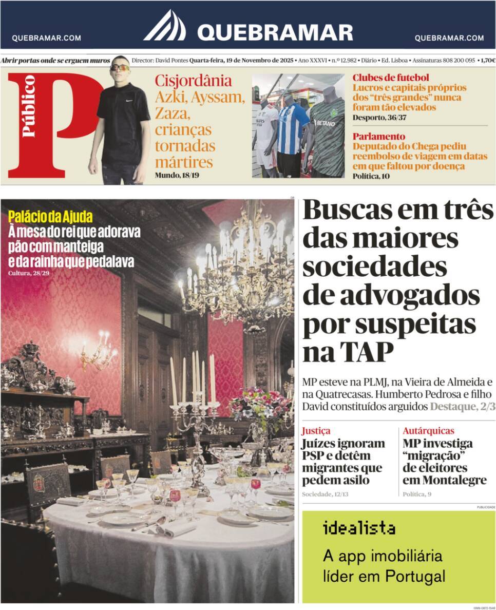 P&uacute;blico: Capa da Edi&ccedil;&atilde;o de quarta-feira, 19 de novembro 2025