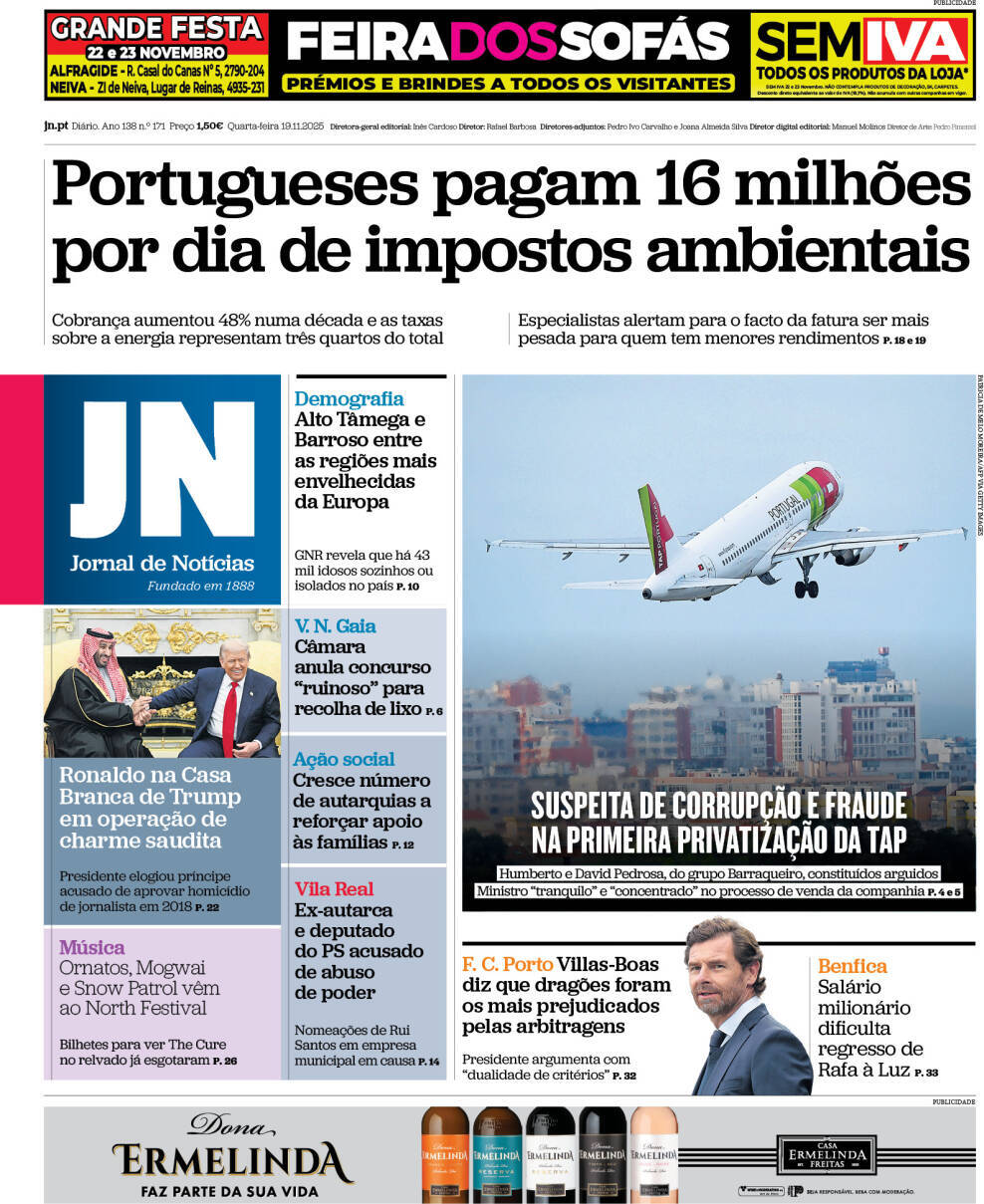Jornal de Not&iacute;cias: Capa da Edi&ccedil;&atilde;o de quarta-feira, 19 de novembro 2025