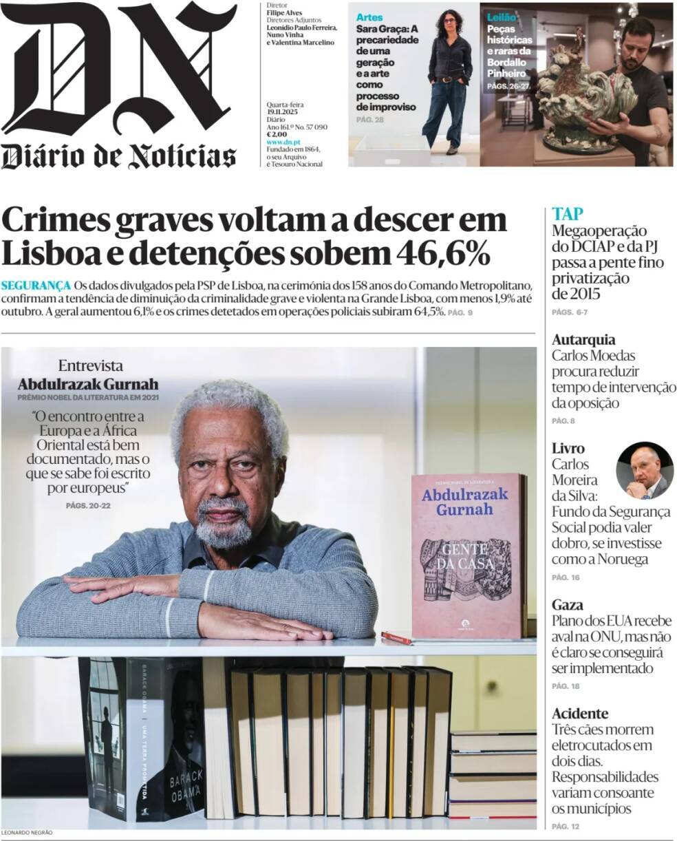 Di&aacute;rio de Not&iacute;cias: Capa da Edi&ccedil;&atilde;o de quarta-feira, 19 de novembro 2025