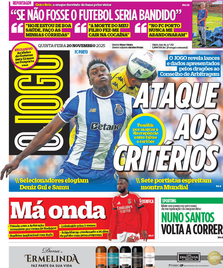 O Jogo: Capa da Edi&ccedil;&atilde;o de quinta-feira, 20 de novembro 2025