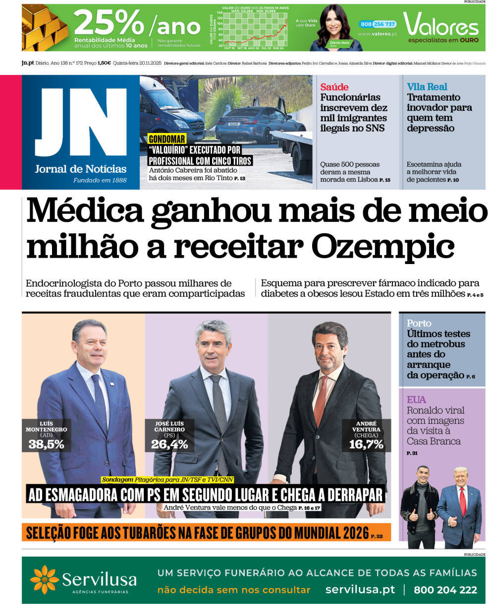 Jornal de Not&iacute;cias: Capa da Edi&ccedil;&atilde;o de quinta-feira, 20 de novembro 2025