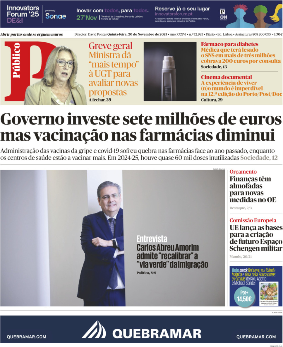 P&uacute;blico: Capa da Edi&ccedil;&atilde;o de quinta-feira, 20 de novembro 2025
