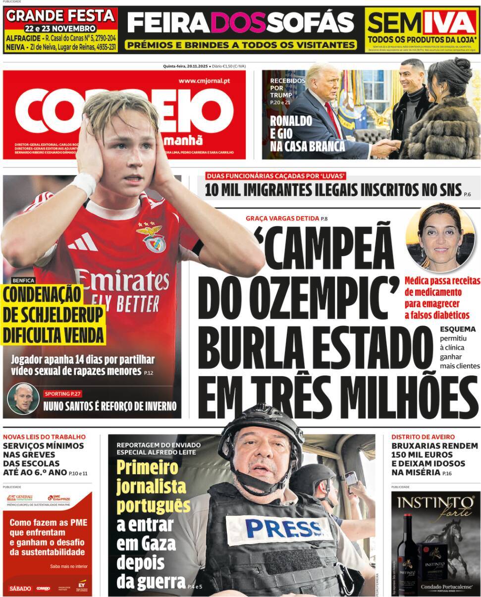 Correio da Manh&atilde;: Capa da Edi&ccedil;&atilde;o de quinta-feira, 20 de novembro 2025