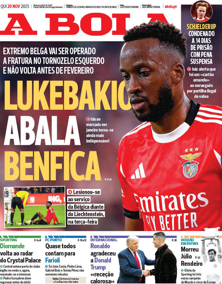 A Bola: Capa da Edi&ccedil;&atilde;o de quinta-feira, 20 de novembro 2025