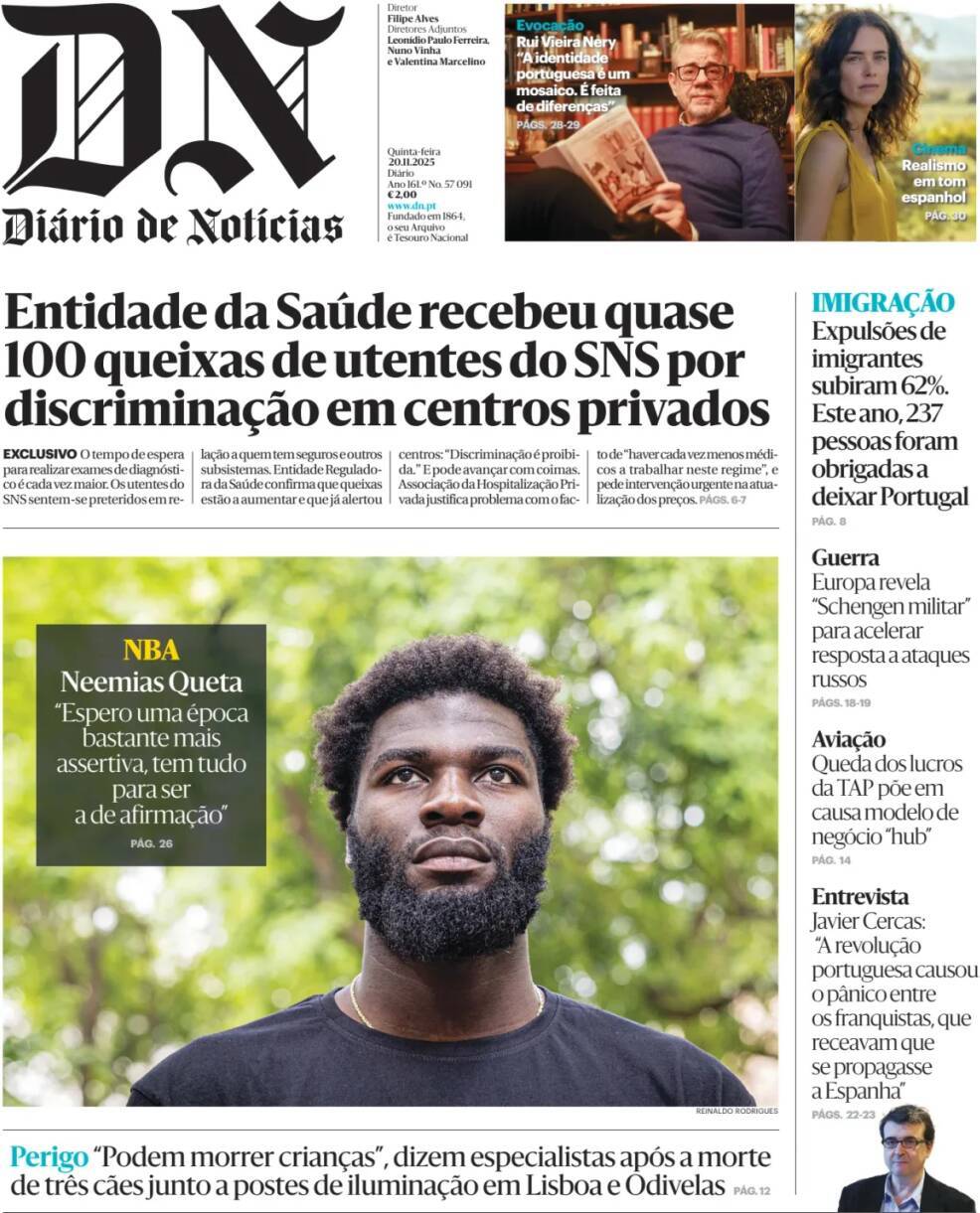 Di&aacute;rio de Not&iacute;cias: Capa da Edi&ccedil;&atilde;o de quinta-feira, 20 de novembro 2025