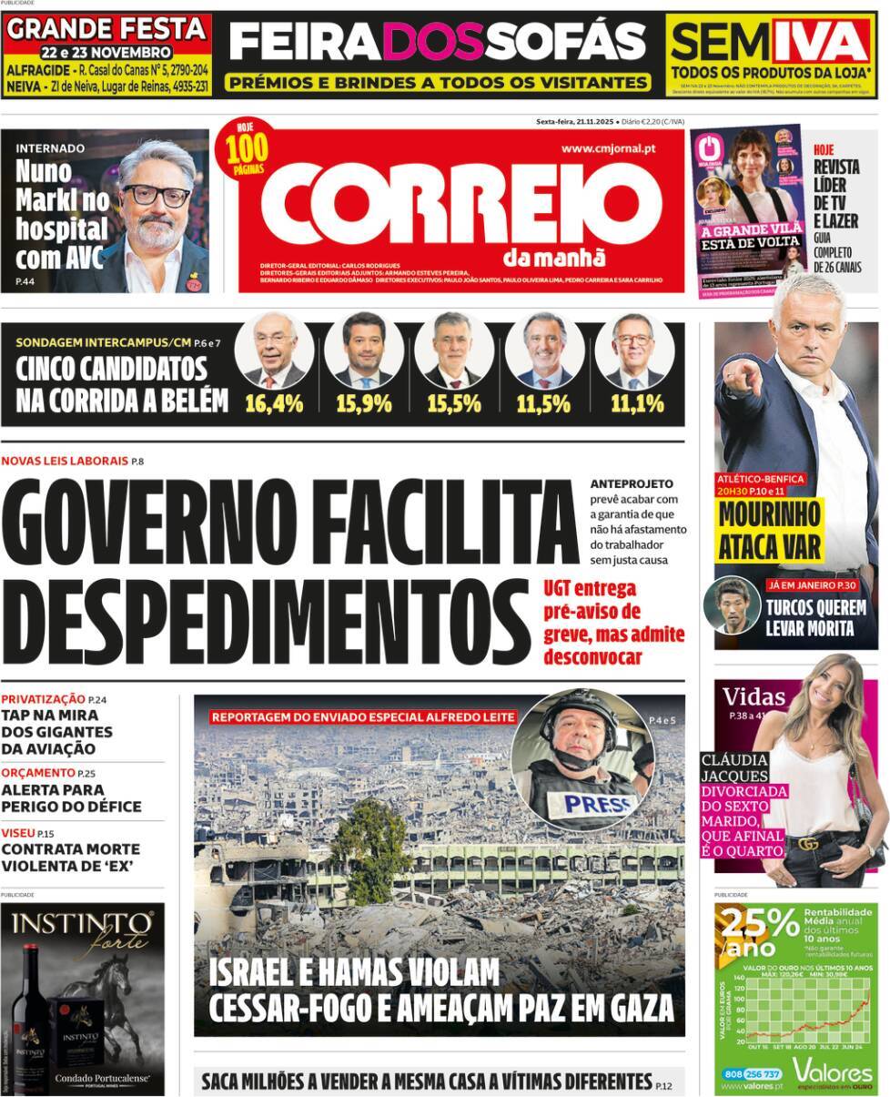 Correio da Manh&atilde;: Capa da Edi&ccedil;&atilde;o de sexta-feira, 21 de novembro 2025