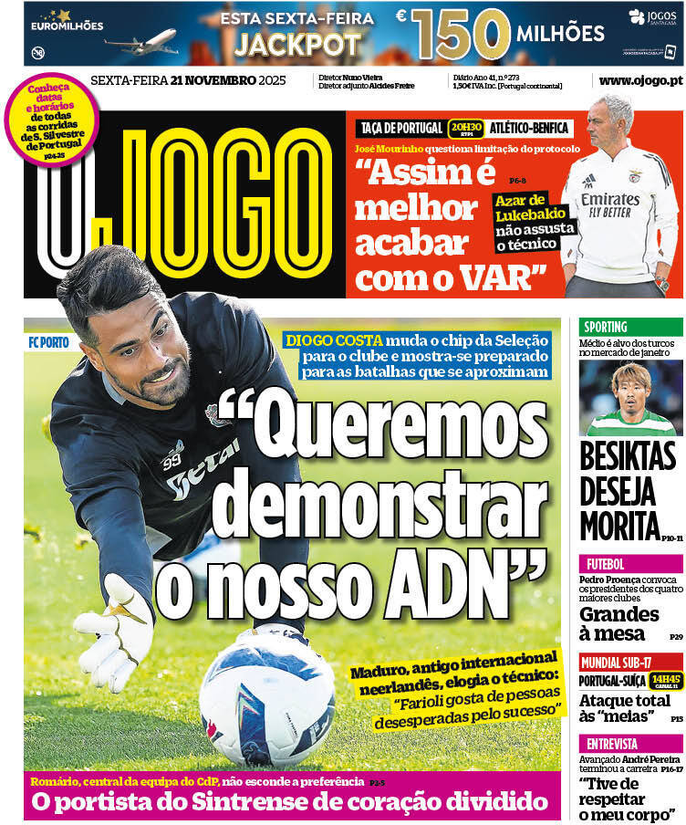 O Jogo: Capa da Edi&ccedil;&atilde;o de sexta-feira, 21 de novembro 2025