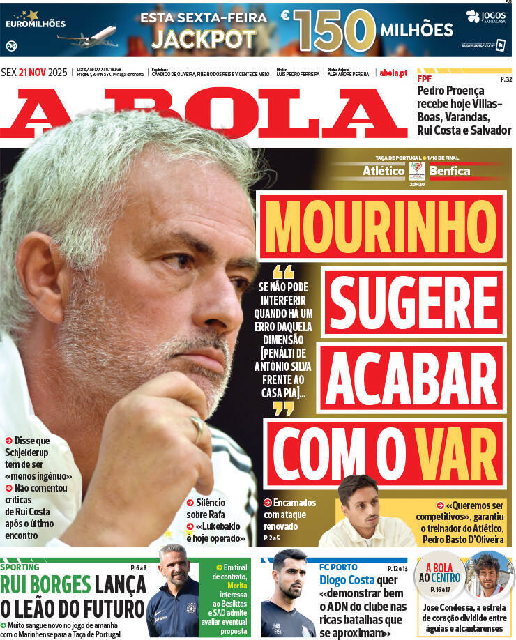 A Bola: Capa da Edi&ccedil;&atilde;o de sexta-feira, 21 de novembro 2025