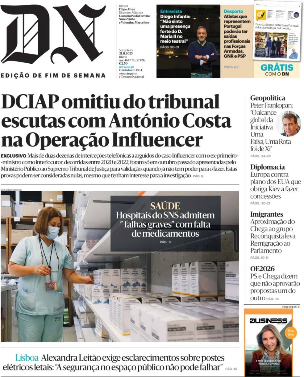 Di&aacute;rio de Not&iacute;cias: Capa da Edi&ccedil;&atilde;o de sexta-feira, 21 de novembro 2025