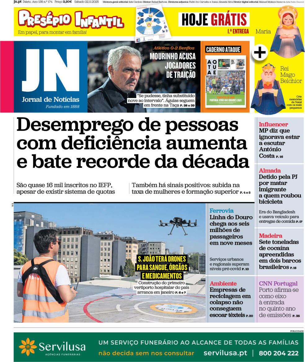 Jornal de Not&iacute;cias: Capa da Edi&ccedil;&atilde;o de s&aacute;bado, 22 de novembro 2025