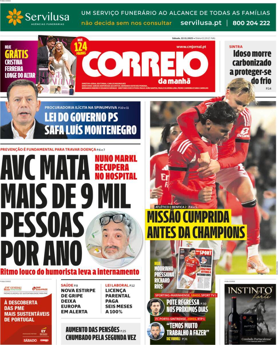 Correio da Manh&atilde;: Capa da Edi&ccedil;&atilde;o de s&aacute;bado, 22 de novembro 2025