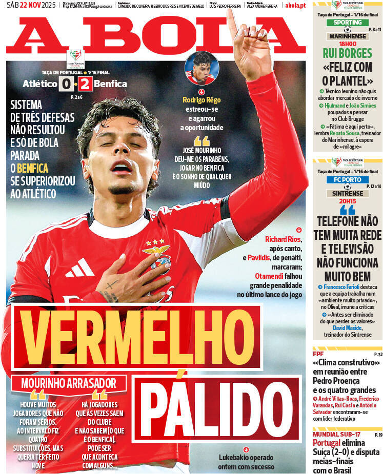 A Bola: Capa da Edi&ccedil;&atilde;o de s&aacute;bado, 22 de novembro 2025