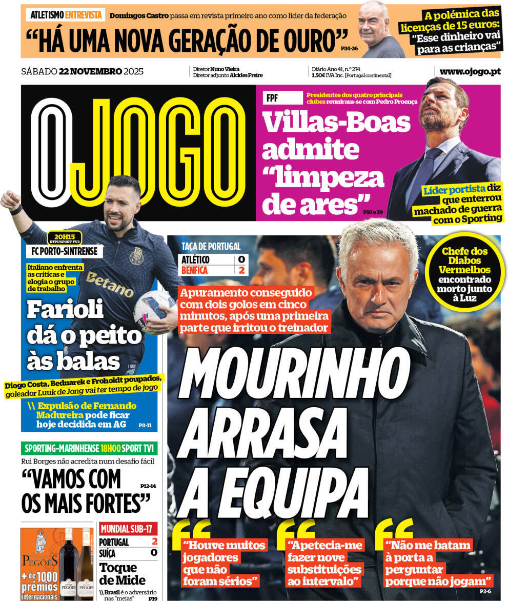 O Jogo: Capa da Edi&ccedil;&atilde;o de s&aacute;bado, 22 de novembro 2025