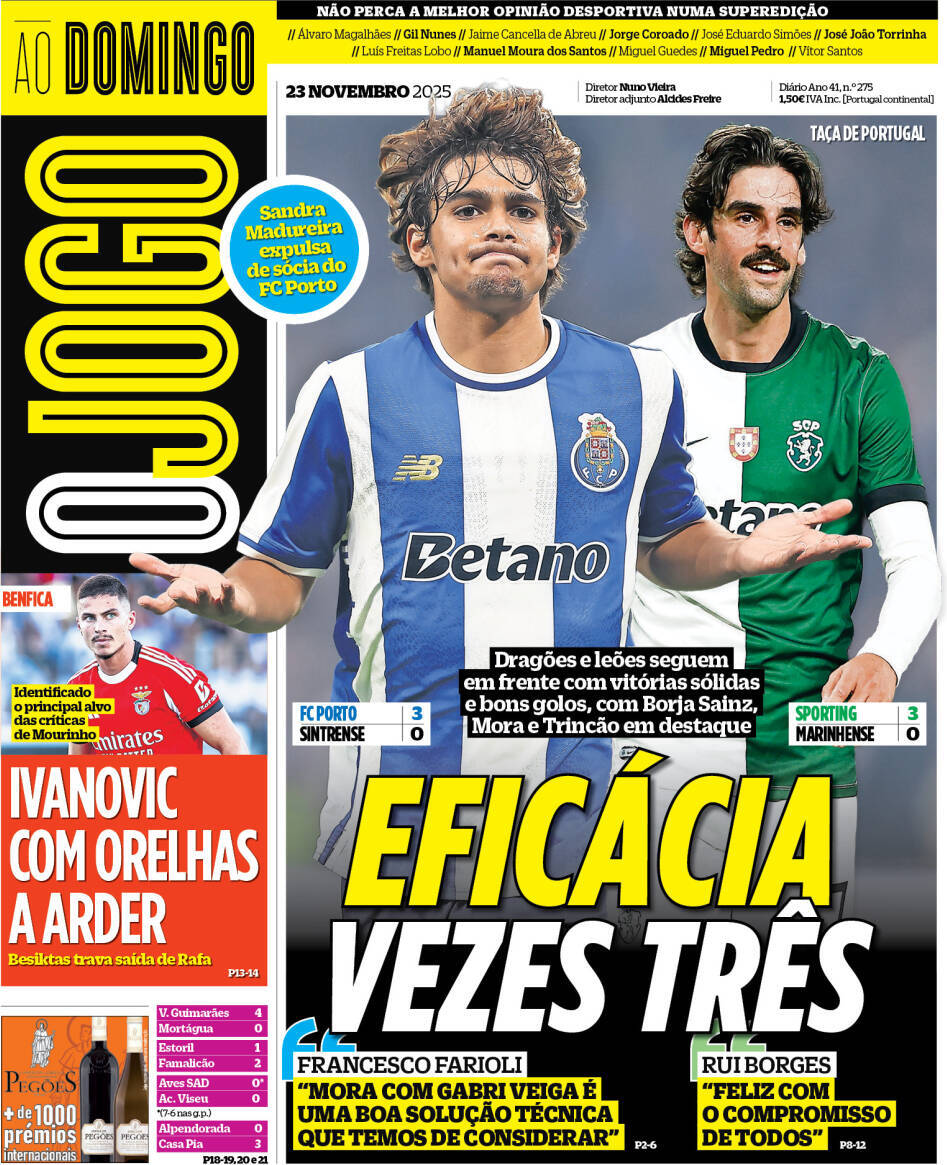 O Jogo: Capa da Edi&ccedil;&atilde;o de domingo, 23 de novembro 2025